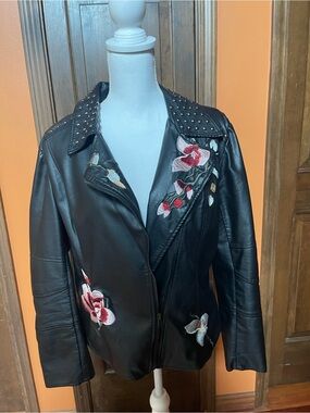 V Cristina Black Leather Jacket with Red & Pink Floral Embroidery
